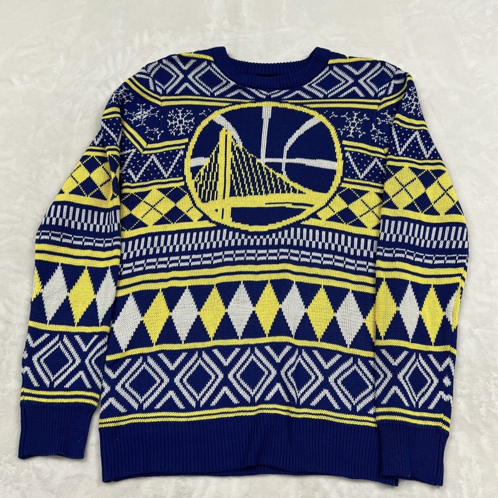 NBA Golden State Warriors Sweater Mens Small Blue Yellow Holiday Argyle Knit